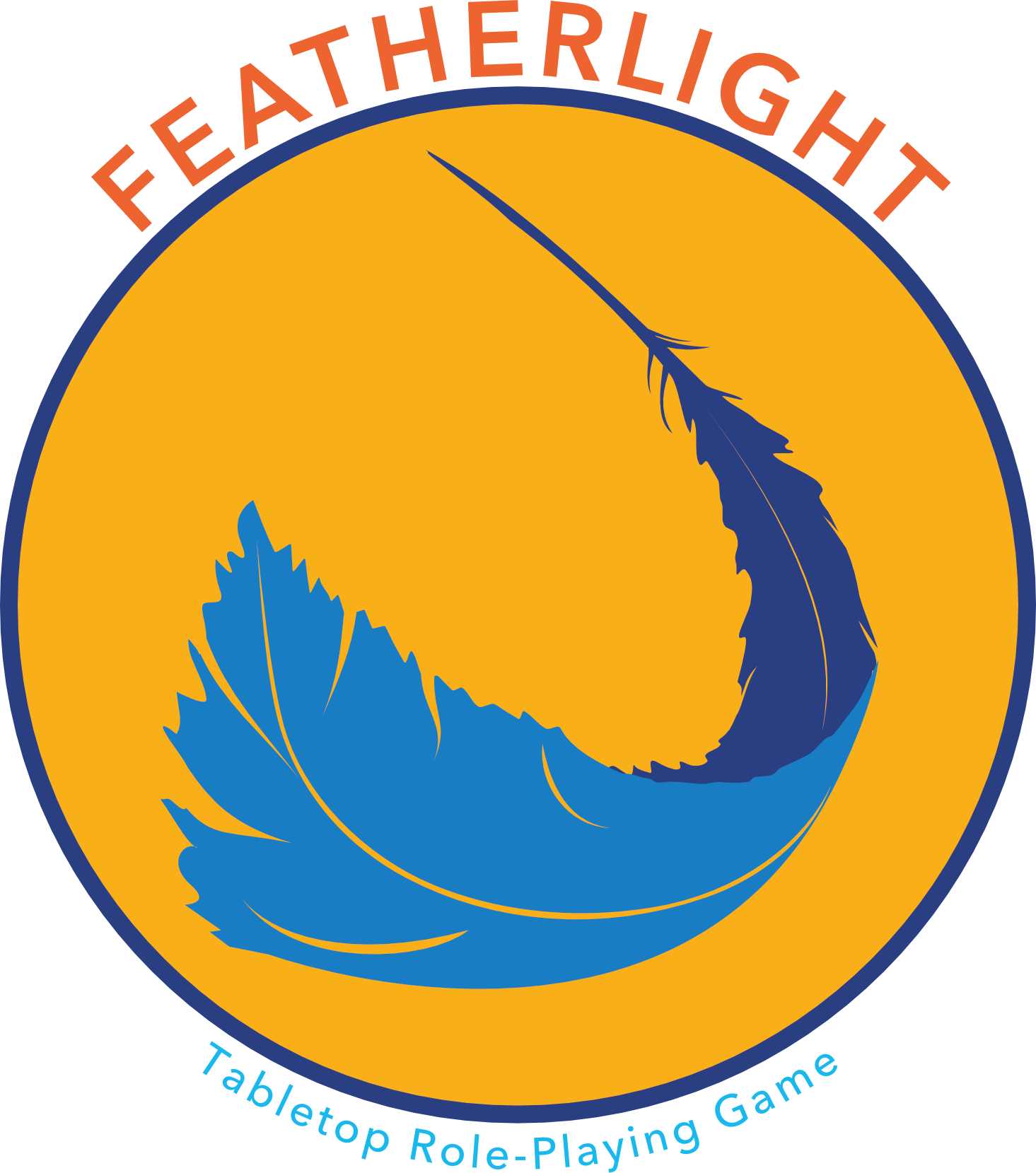 Orange circle with a stylized blue feather in the interior. The words 'Featherlight tabletop role-playing game' surround the exterior